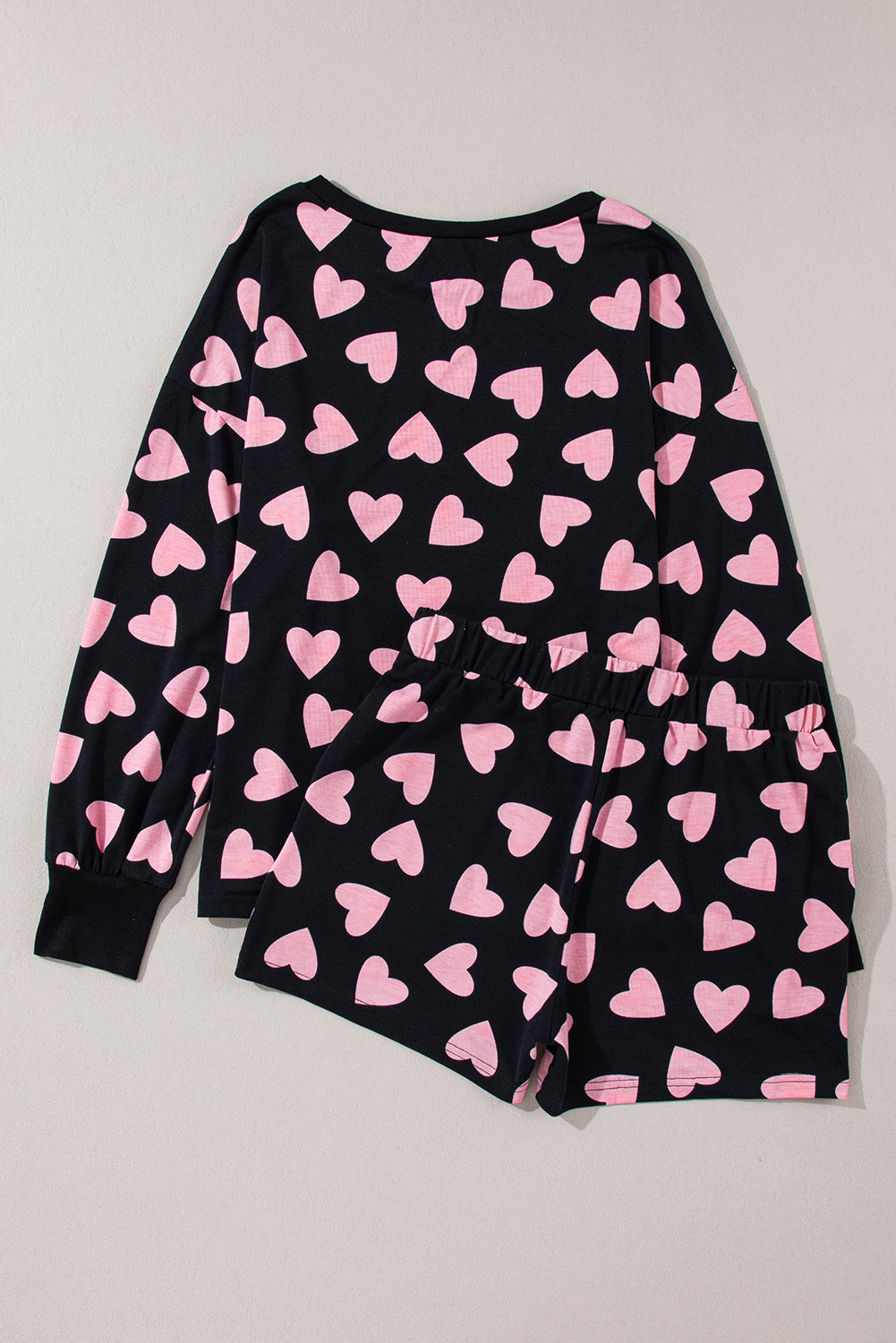 Heart Shape Print Black Long Sleeve Top Shorts Lounge Set