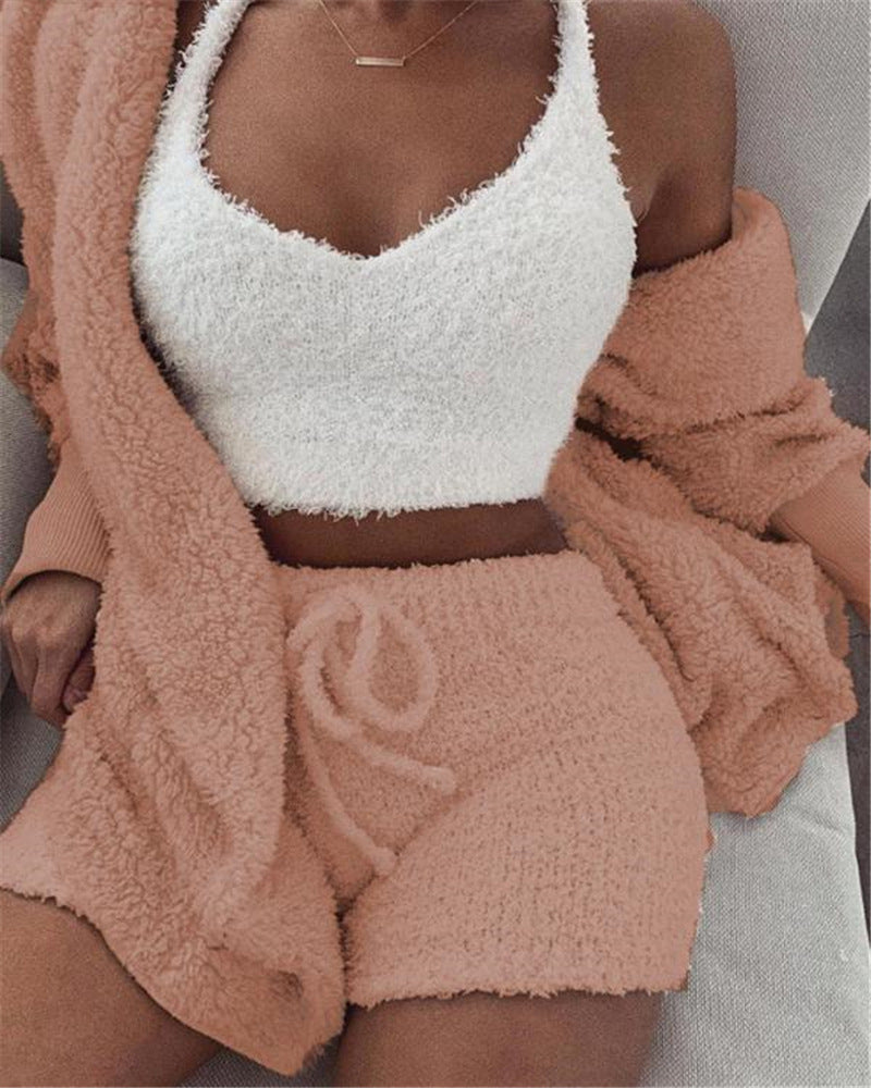 Conjunto de pijama de 3 piezas para mujer: camiseta sin mangas corta de manga larga y pantalones cortos con cordón