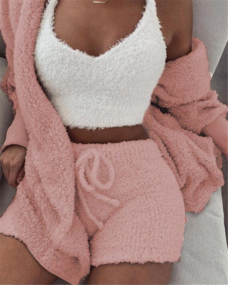 Conjunto de pijama de 3 piezas para mujer: camiseta sin mangas corta de manga larga y pantalones cortos con cordón
