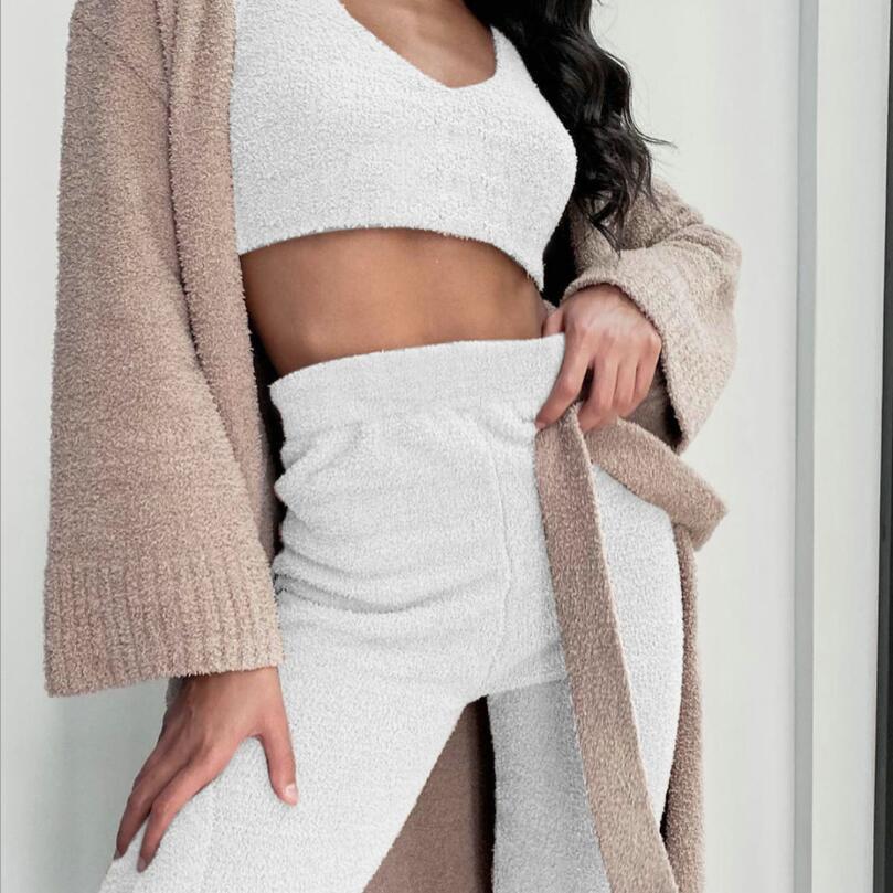 Conjunto de pijama de 3 piezas para mujer: camiseta sin mangas corta de manga larga y pantalones cortos con cordón