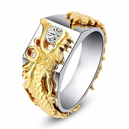 Nouvelle bague pour homme avec strass en zircon bicolore et motif dragon dominateur
