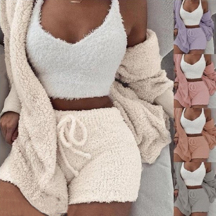 Conjunto de pijama de 3 piezas para mujer: camiseta sin mangas corta de manga larga y pantalones cortos con cordón
