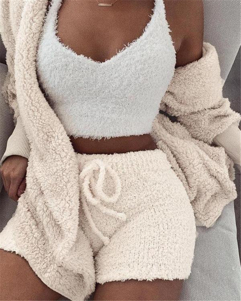 Conjunto de pijama de 3 piezas para mujer: camiseta sin mangas corta de manga larga y pantalones cortos con cordón