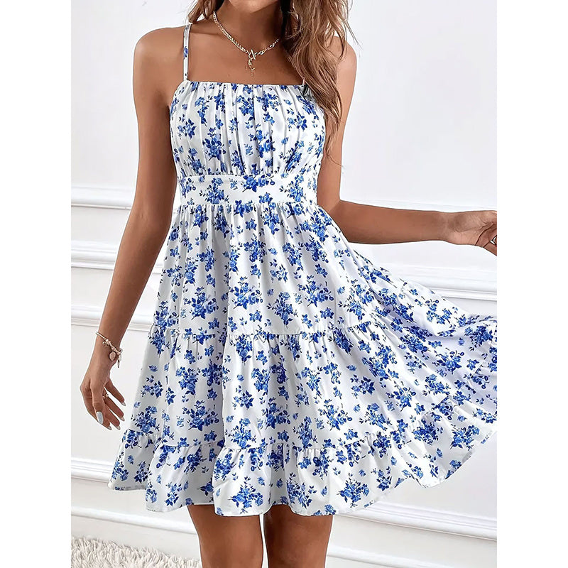 Robe d'été à imprimé floral pour femme, mini-robe froncée, sans manches, bretelles spaghetti, coupe ajustée et fluide