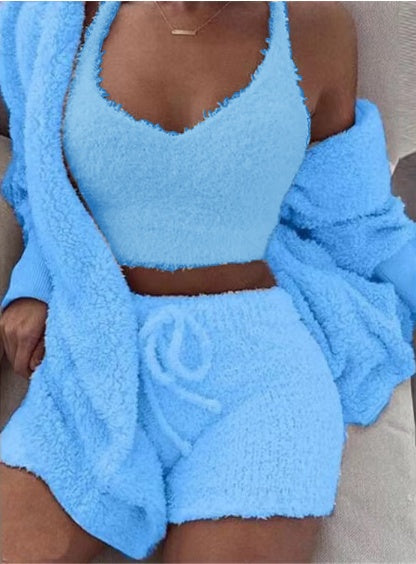 Conjunto de pijama de 3 piezas para mujer: camiseta sin mangas corta de manga larga y pantalones cortos con cordón