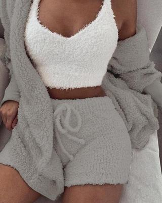 Conjunto de pijama de 3 piezas para mujer: camiseta sin mangas corta de manga larga y pantalones cortos con cordón