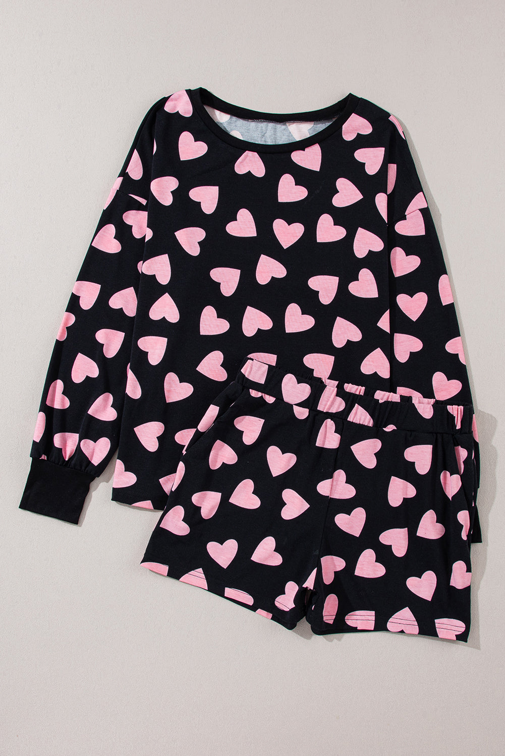 Heart Shape Print Black Long Sleeve Top Shorts Lounge Set