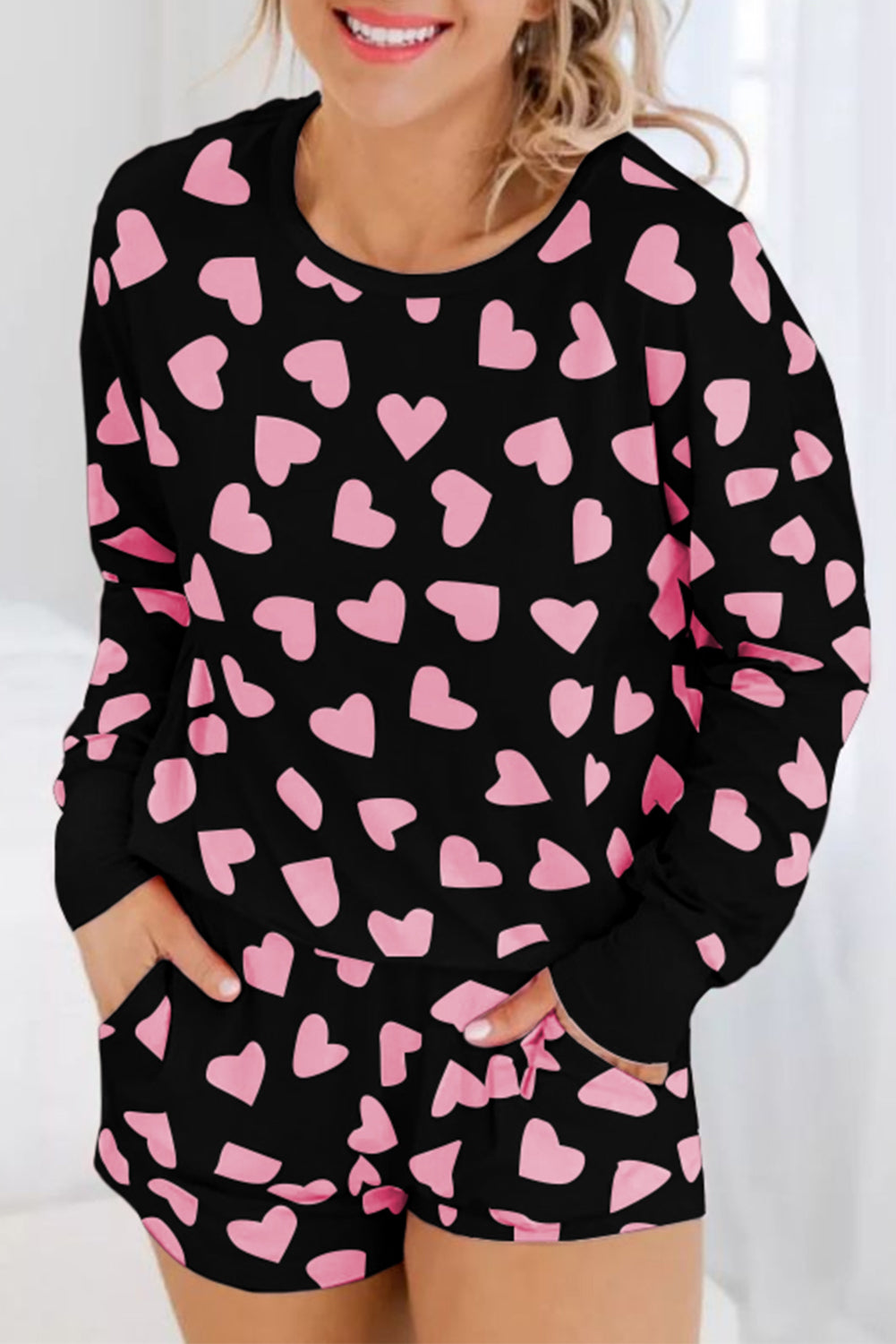 Heart Shape Print Black Long Sleeve Top Shorts Lounge Set