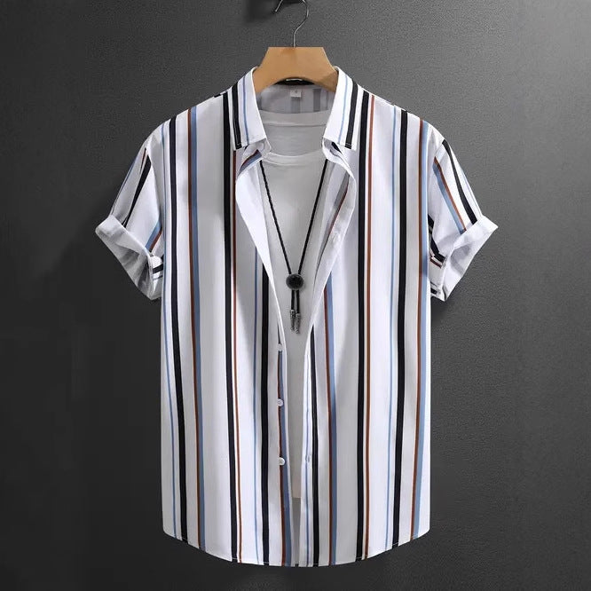 Camisa de cuello alto de manga corta con rayas de tendencia de moda de verano para hombre